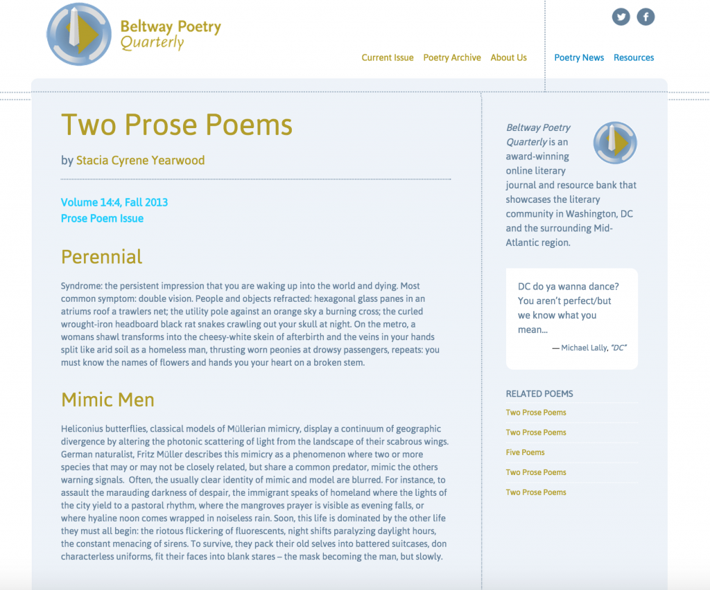 Two Prose Poems: "Perennial" and "Mimic Men" published by Beltway Poetry Quarterly.