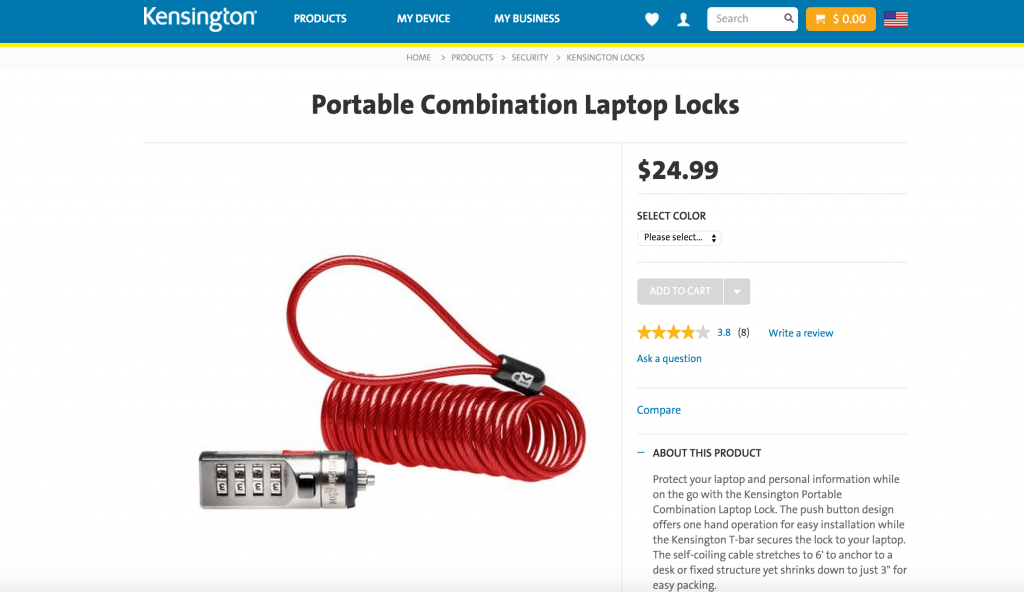 PROTECT your LAPTOP while on the go with the Kensington Portable Combination Laptop Lock!The self-coiling cable stretches to 6' to anchor to a desk or fixed structure yet shrinks down to just 3" for easy packing. Lock 'em up and wander away! :) 